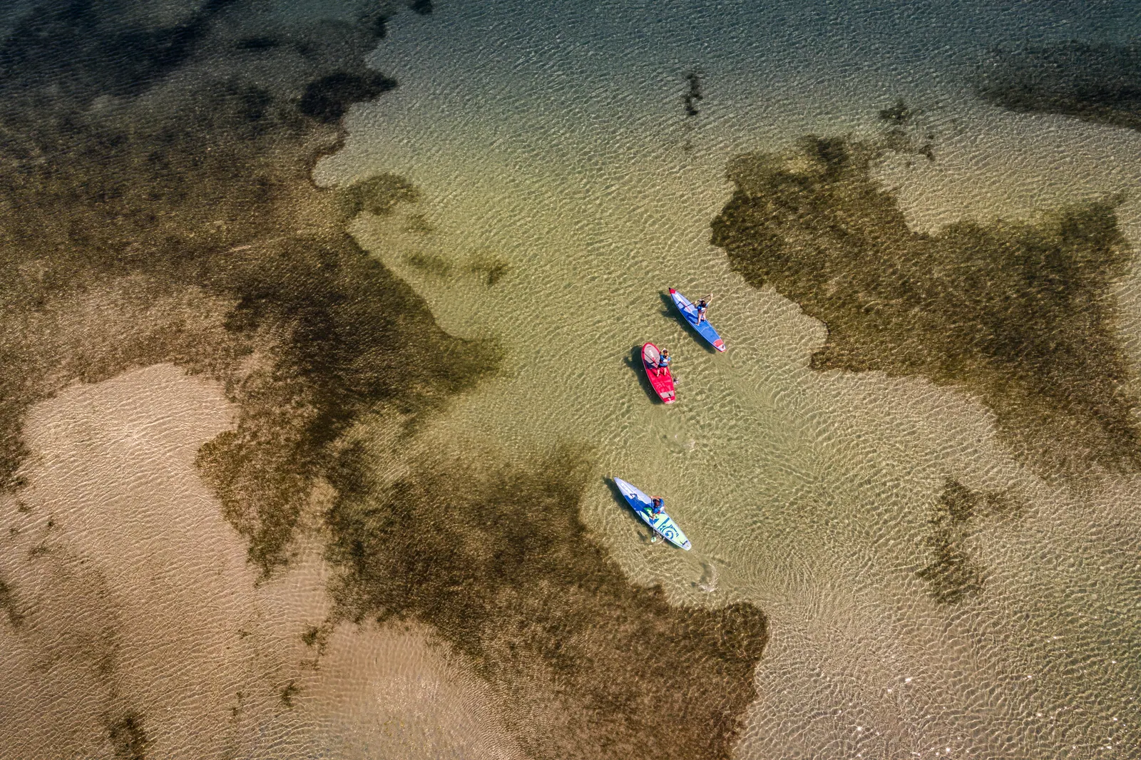 Kayaks vus du ciel sur les eaux claires du bassin de Thau